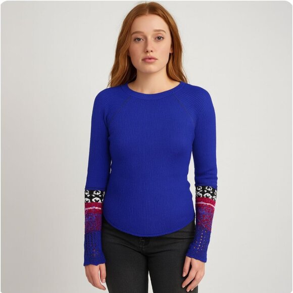 Free People Women’s Size Medium Royal Blue Thermal Top Long Sleeve knit cuff - Picture 2 of 12